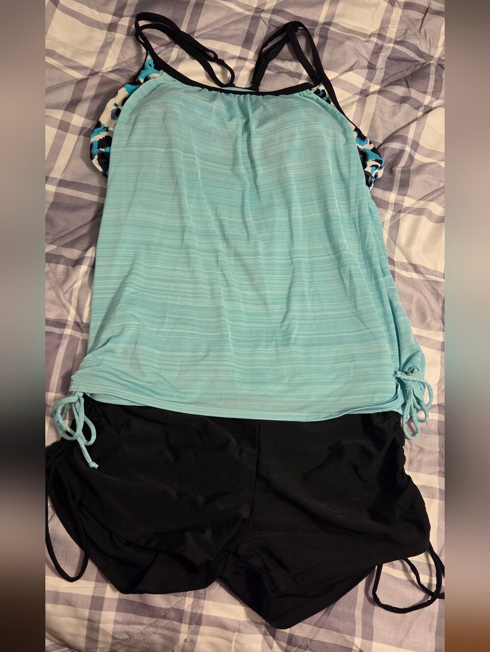 Light Aqua Tankini Top with Black Swim Shorts